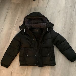 DKNY boys hooded puffer coat. Never worn, excellent condition!